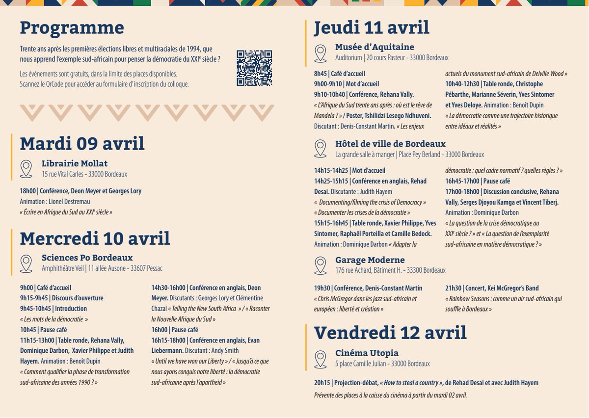 Laboratoire LAM (@laboratoirelam) on Twitter photo 🇿🇦 Du 9 au 12 avril, colloque "Afrique du Sud : 30 ans de démocratie libre et multiraciale" organisé par <a href="/BxMetro/">Bordeaux Métropole</a>, <a href="/Bordeaux/">Bordeaux</a>, <a href="/ScPoBx/">Sciences Po Bordeaux</a>, <a href="/LaboratoireLAM/">Laboratoire LAM</a>
ℹ Programme et inscriptions : lnkd.in/eVEg6eah 🇿🇦 Du 9 au 12 avril, colloque "Afrique du Sud : 30 ans de démocratie libre et multiraciale" organisé par <a href="/BxMetro/">Bordeaux Métropole</a>, <a href="/Bordeaux/">Bordeaux</a>, <a href="/ScPoBx/">Sciences Po Bordeaux</a>, <a href="/LaboratoireLAM/">Laboratoire LAM</a>
ℹ Programme et inscriptions : lnkd.in/eVEg6eah
