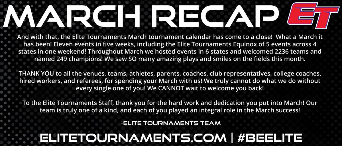 And with that, the Elite Tournaments March tournament calendar has come to a close!  THANK YOU to all the venues, teams, athletes, parents, coaches, club representatives, college coaches, hired workers, and referees, for spending your March with us! #beelite