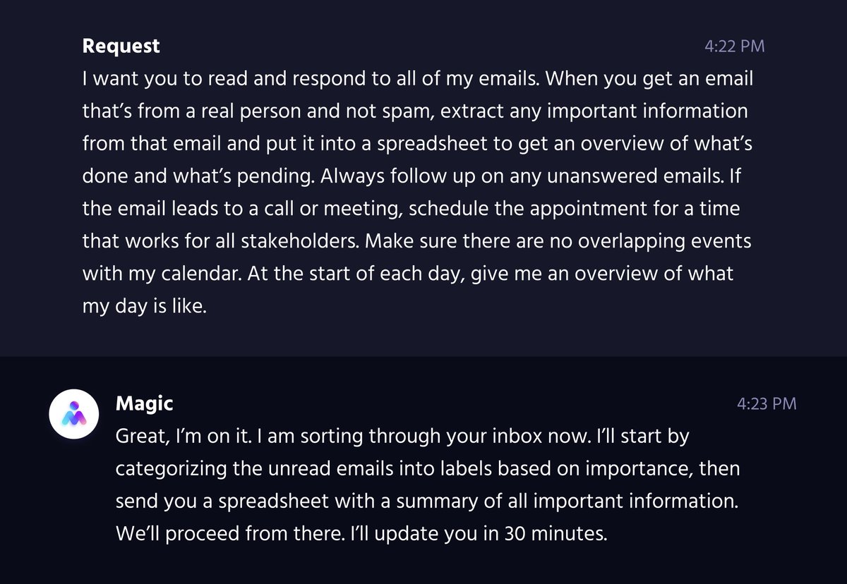 How can you use Magic? Have Magic completely handle your email and scheduling. Check out this example ('I want you to read and respond to all of my emails.'):