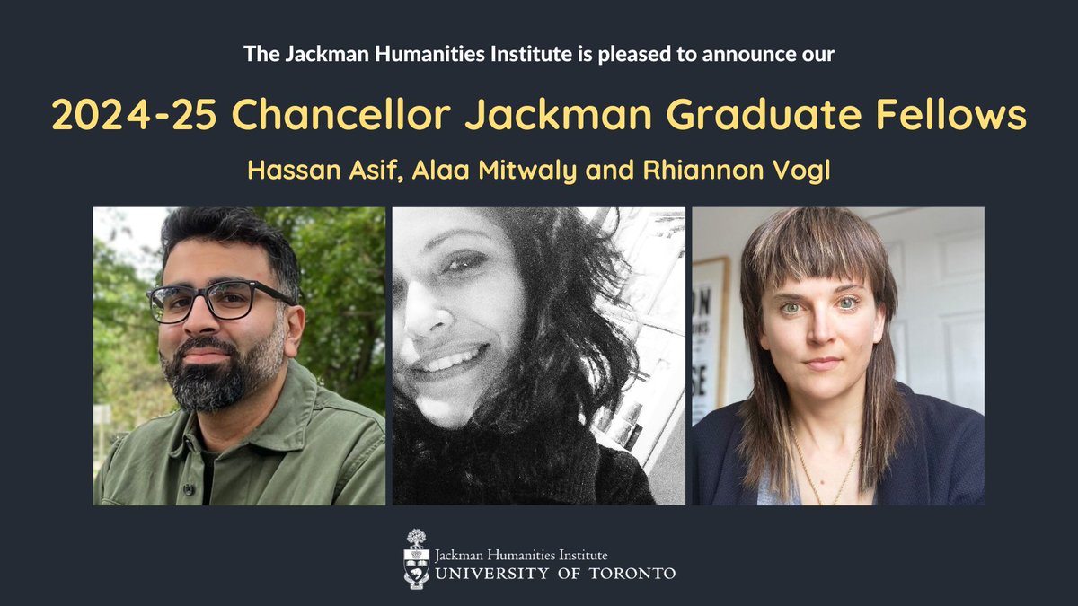 Congratulations to our 2024-25 Chancellor Jackman Graduate Fellows Hassan Asif, Alaa Mitwaly and Rhiannon Vogl! They will join us in July for our Undergrounds/Underworlds theme year 👏👏👏 Full announcement uoft.me/amP