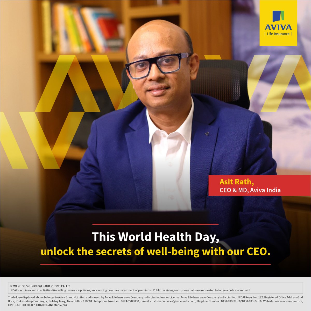 AvivaIndia's tweet image. This World Health Day, we dive into our CEO's insights on the vital connection between well-being and time. Adopting healthy habits not only enhances our quality of life, but also fortifies the path to a secure future. 

#WorldHealthDay

#InvestInYourDreams #SecureYourFuture