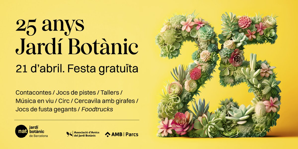 El Jardí Botànic de Barcelona compleix 25 anys i volem que ens acompanyeu en aquesta festa gegantina! Us esperem el diumenge 21 d’abril per una jornada plena de diversió, música en directe i moltes sorpreses més! No us ho perdeu! 🎉🌸 🦋museuciencies.cat/activitats/202… #25JBB