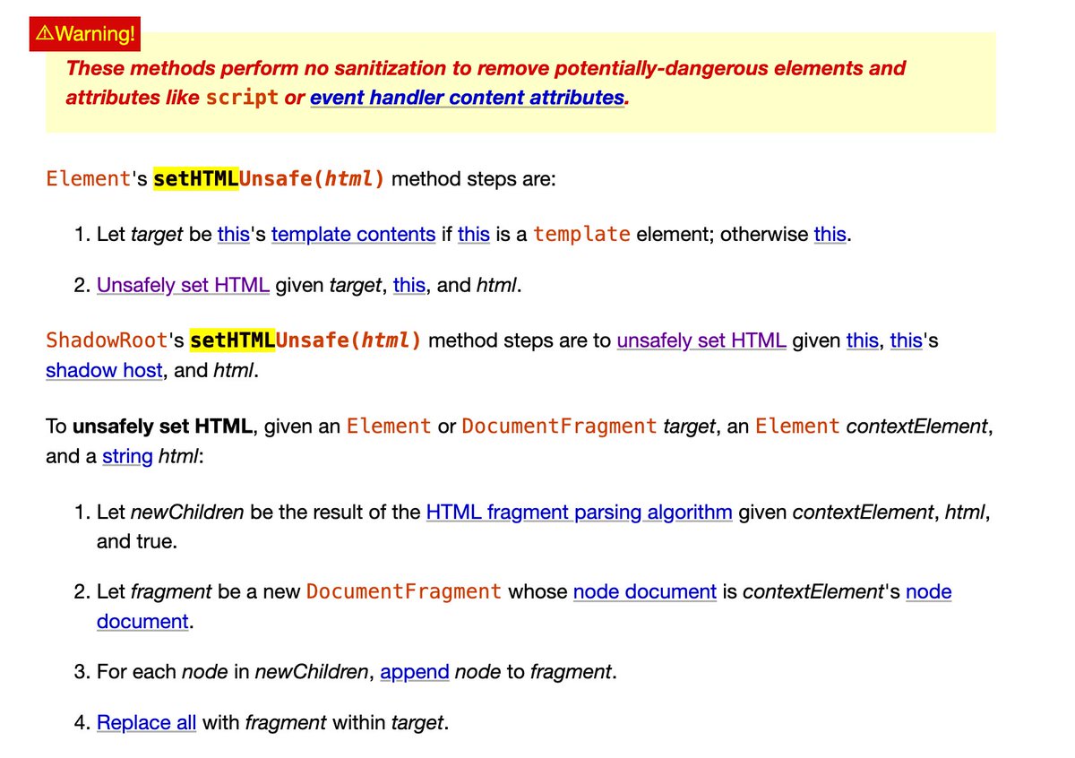 Element.setHTMLUnsafe() is a silly name and should be changed before browsers adopt it. All of the current mechanisms for parsing/applying HTML within a live document are unsafe, it is illogical and misleading to label only one of them as 'unsafe'.