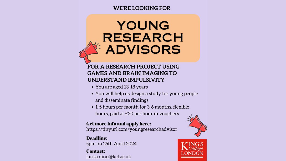 Larisa Dina (@larisamdinu) on Twitter photo 📢Paid engagement opportunity for young research advisors (13-18 years) to help us design a project using games and brain imaging. If interested, please apply here: qualtrics.kcl.ac.uk/jfe/form/SV_cu… Deadline: 25th April.
<a href="/Kingspsychol/">KCL Psychology</a>
<a href="/IoPPN_Inclusion/">IoPPN D&I</a>
<a href="/McPinFoundation/">The McPin Foundation</a>
<a href="/KingsIoPPN/">Institute of Psychiatry, Psychology & Neuroscience</a> 📢Paid engagement opportunity for young research advisors (13-18 years) to help us design a project using games and brain imaging. If interested, please apply here: qualtrics.kcl.ac.uk/jfe/form/SV_cu… Deadline: 25th April.
<a href="/Kingspsychol/">KCL Psychology</a>
<a href="/IoPPN_Inclusion/">IoPPN D&I</a>
<a href="/McPinFoundation/">The McPin Foundation</a>
<a href="/KingsIoPPN/">Institute of Psychiatry, Psychology & Neuroscience</a>