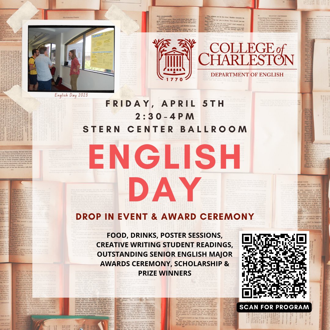 TODAY IS THE DAY! It is the 32nd annual English Day! Come to Stern Center Ballroom at 2:30 to celebrate our scholars and writers as they present their work to friends, family, faculty, and fellow students. Congratulations to these students and to all our English graduates!
