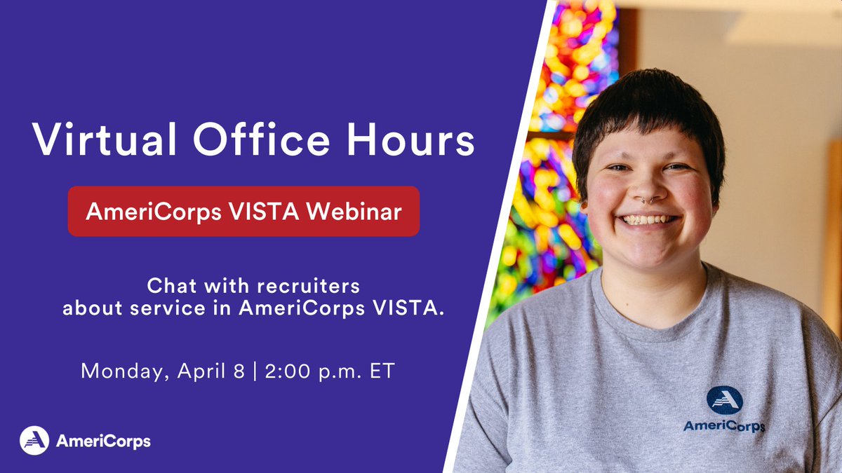 Join us April 8 to speak with recruiters + learn how you can use your passion to tap into the power of service! Our Virtual Office Hours is an opportunity to ask questions about projects, member benefits, tips on applying, and more. Register: bit.ly/VISTAOfficeHou…