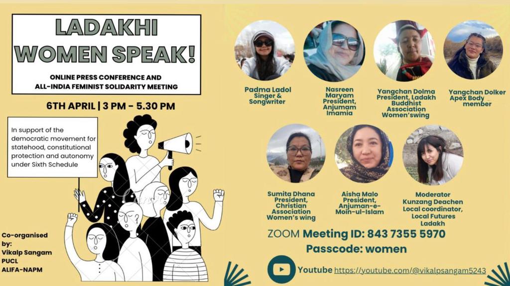 Manshi Asher (@manshiasher) on Twitter photo *LADAKHI WOMEN SPEAK!*
*Online Press Conference and All-India #FeministSolidarity Meeting*
*6th April | 3 pm to 5:30 pm*
Zoom link
us02web.zoom.us/j/84373555970?…
Watch *LIVE on YouTube:* youtube.com/@vikalpsangam5…
#Ladakh #himalaya
<a href="/VikalpSangam/">Vikalp Sangam</a> <a href="/PUCLindia/">PUCL India</a>
<a href="/napmindia/">NAPM India</a> *LADAKHI WOMEN SPEAK!*
*Online Press Conference and All-India #FeministSolidarity Meeting*
*6th April | 3 pm to 5:30 pm*
Zoom link
us02web.zoom.us/j/84373555970?…
Watch *LIVE on YouTube:* youtube.com/@vikalpsangam5…
#Ladakh #himalaya
<a href="/VikalpSangam/">Vikalp Sangam</a> <a href="/PUCLindia/">PUCL India</a>
<a href="/napmindia/">NAPM India</a>