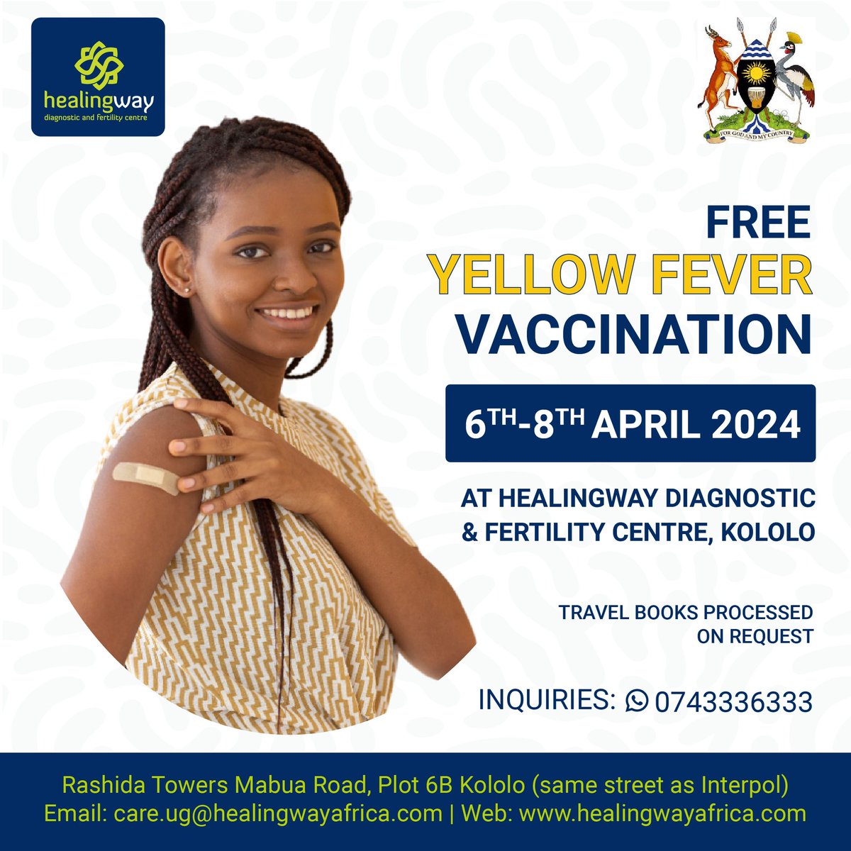 Hello guys.
Starting tomorrow there will be free yellow fever vaccination at Healingway till 8th April. Your health matters let’s do this !!

We are located at Rashida Towers.