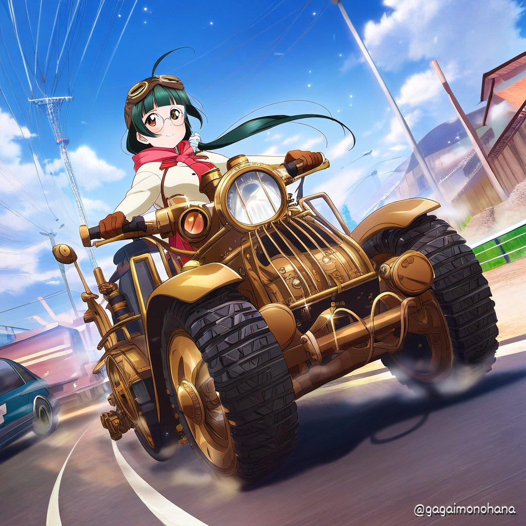 #mikitakuの100RP 
mikitakuさん「オープンカーの日」の日企画、参加させていただきます。スチームパンク要素は全て車（バギーみたいですけどｗ）に吸われた模様。景色はどうみても日本ですね、これ🥴。
#AIイラスト #いいねで気になった人フォロー