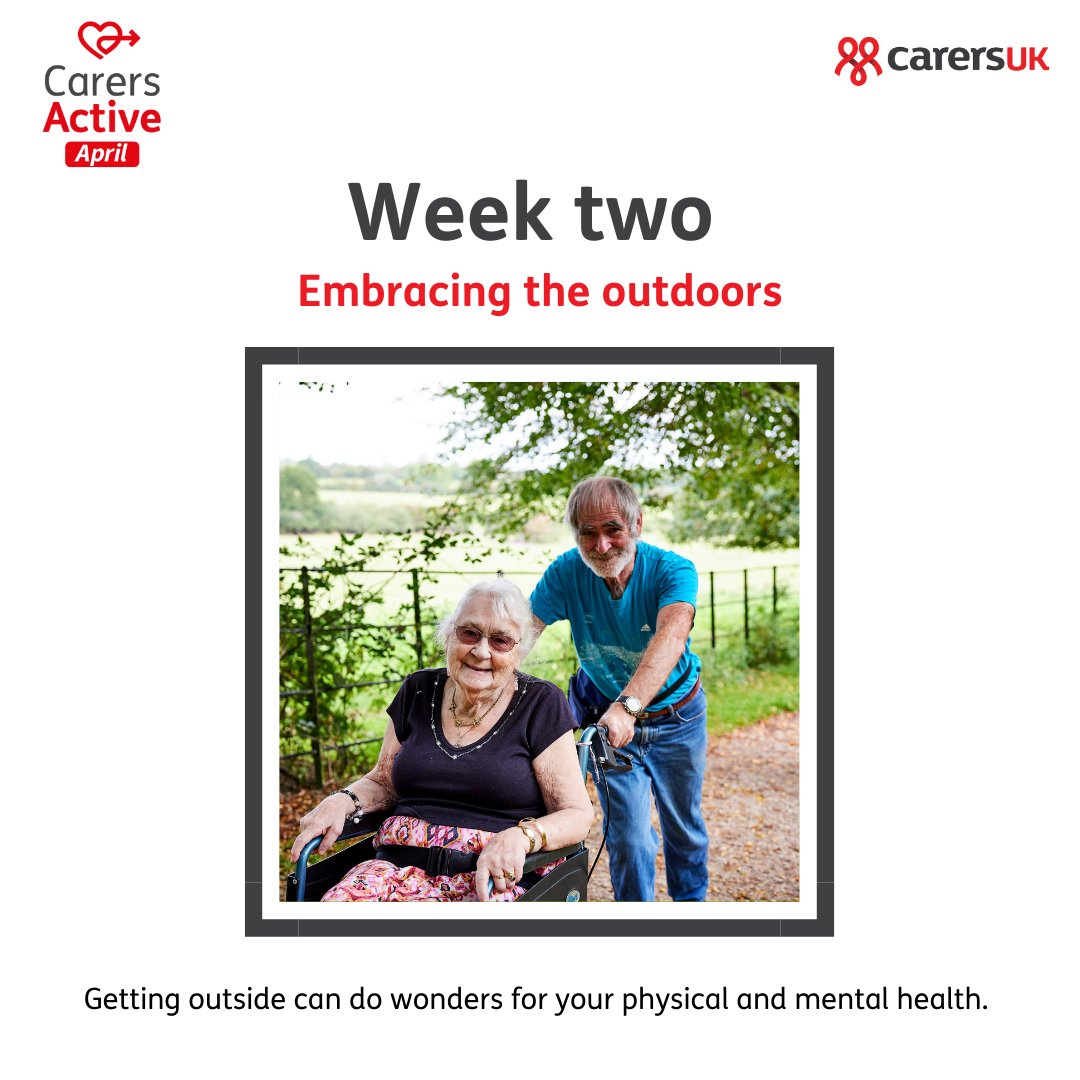 The second week of #CarersActiveApril is all about getting active outdoors 🏃‍🌳 Whether you plan to pop down to the local park or get active in your garden, check out @CarersUK’s Carers Active Hub for inspiration and motivation: carersuk.org/helpand-advice…