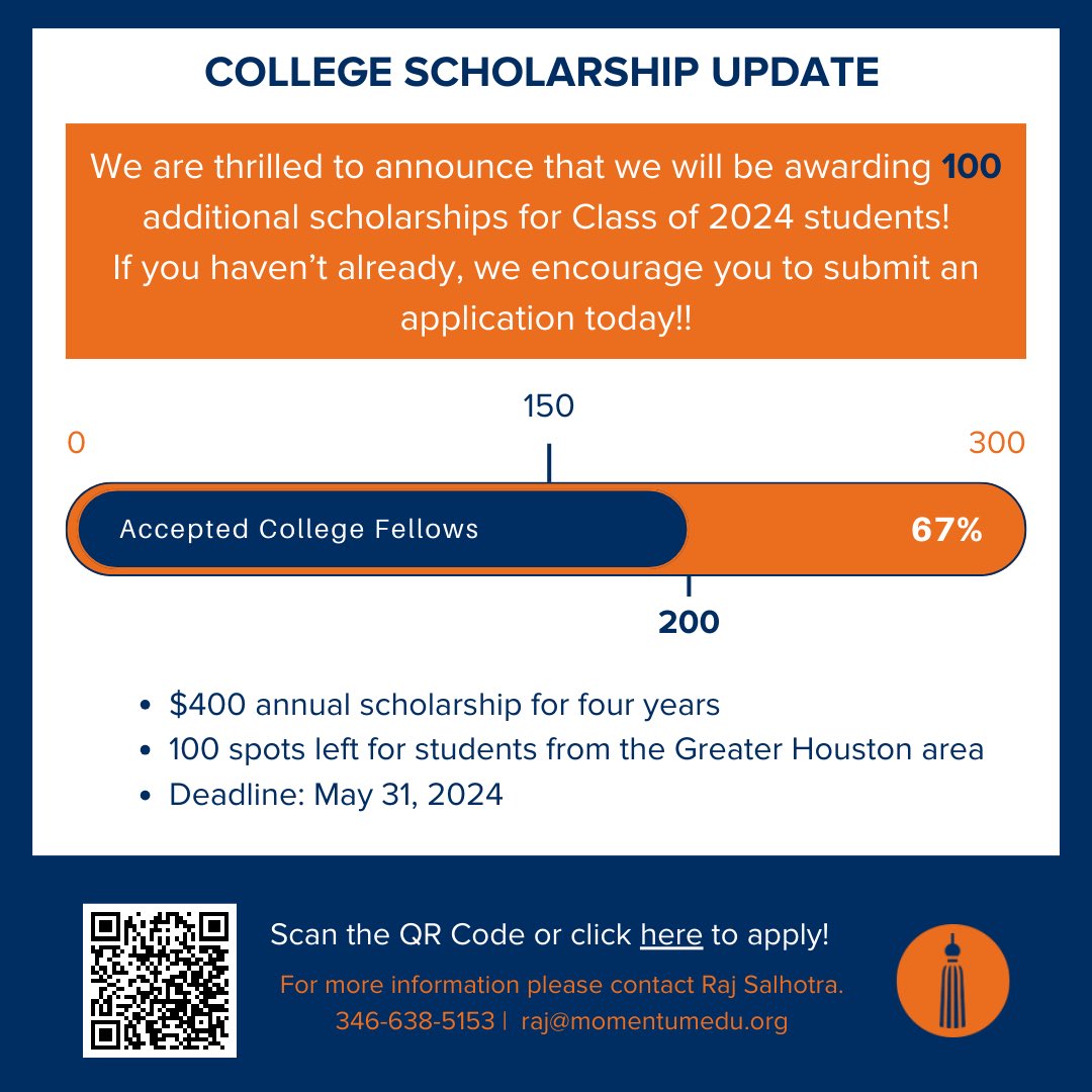 We are thrilled to announce that we will be awarding 100 additional scholarships to the Class of 2024!! Having already awarded 200 students in recent months, we've expanded thanks to our donors' generosity. The application deadline is May 31st, apply today! #OneMomentumFamily