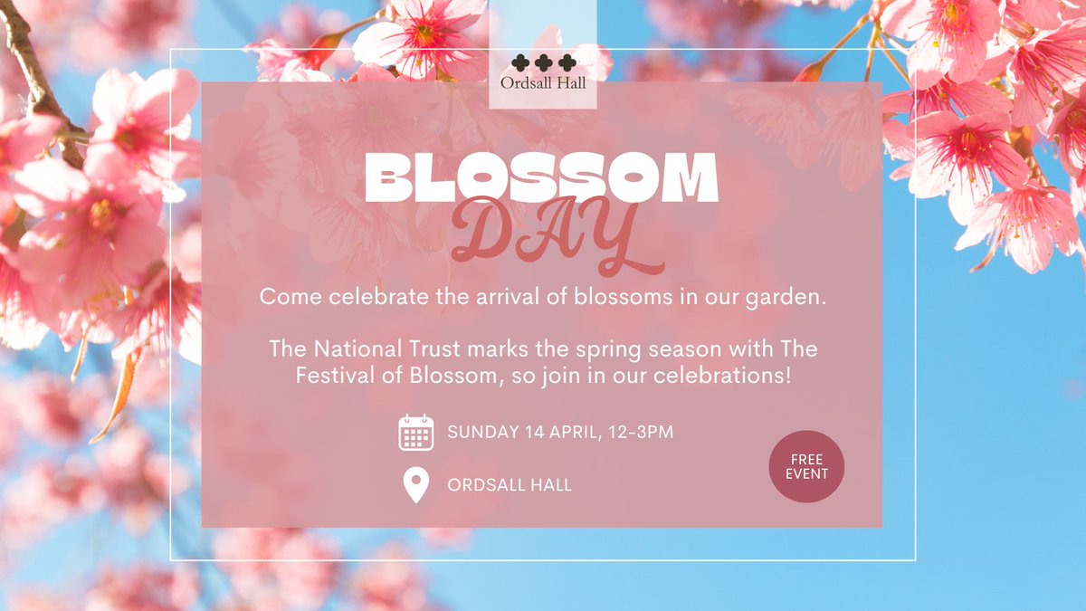 🌸 Come celebrate the arrival of blossoms in the gardens @OrdsallHall on Sunday 14 April 🌸 The National Trust marks the spring season with The Festival of Blossom, so join in our celebrations with Orchard Tours, a craft sessions + more! FREE EVENT! buff.ly/3PS00C5