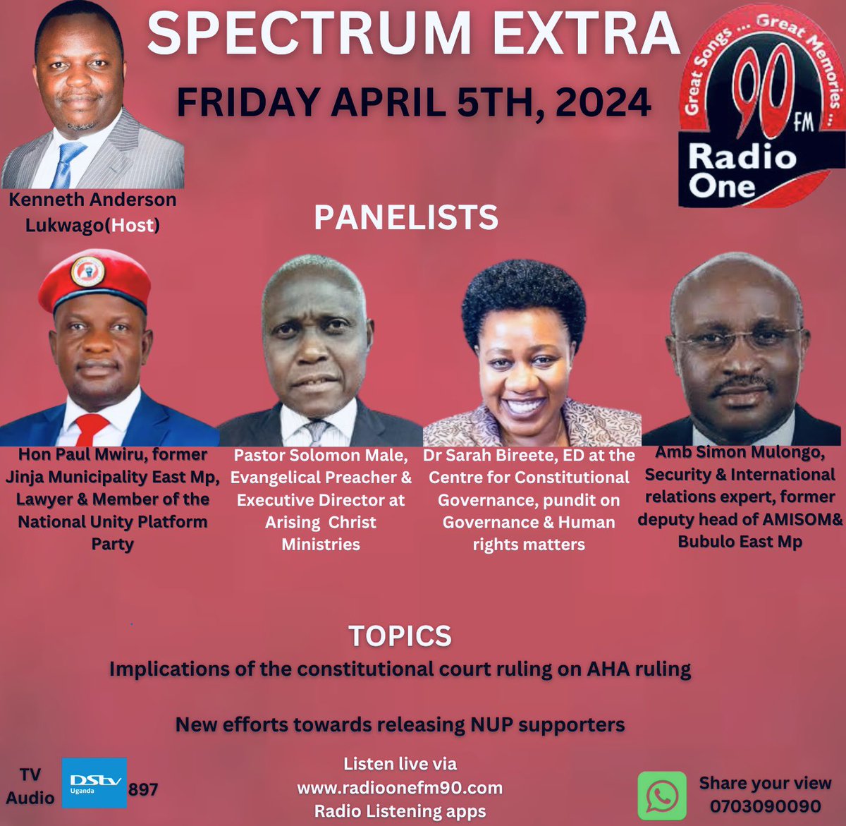 @SarahBireete of @ccgea1 @Mwirupaul of @NUP_Ug @simonmulongo of @NRMOnline & #SolomonMale form the panel #SPECTRUMEXTRA @RadioOneFM90 @rs1elvis @JosephinNdagano @PerryAritua @CharityKalebbo @godfreyssali21