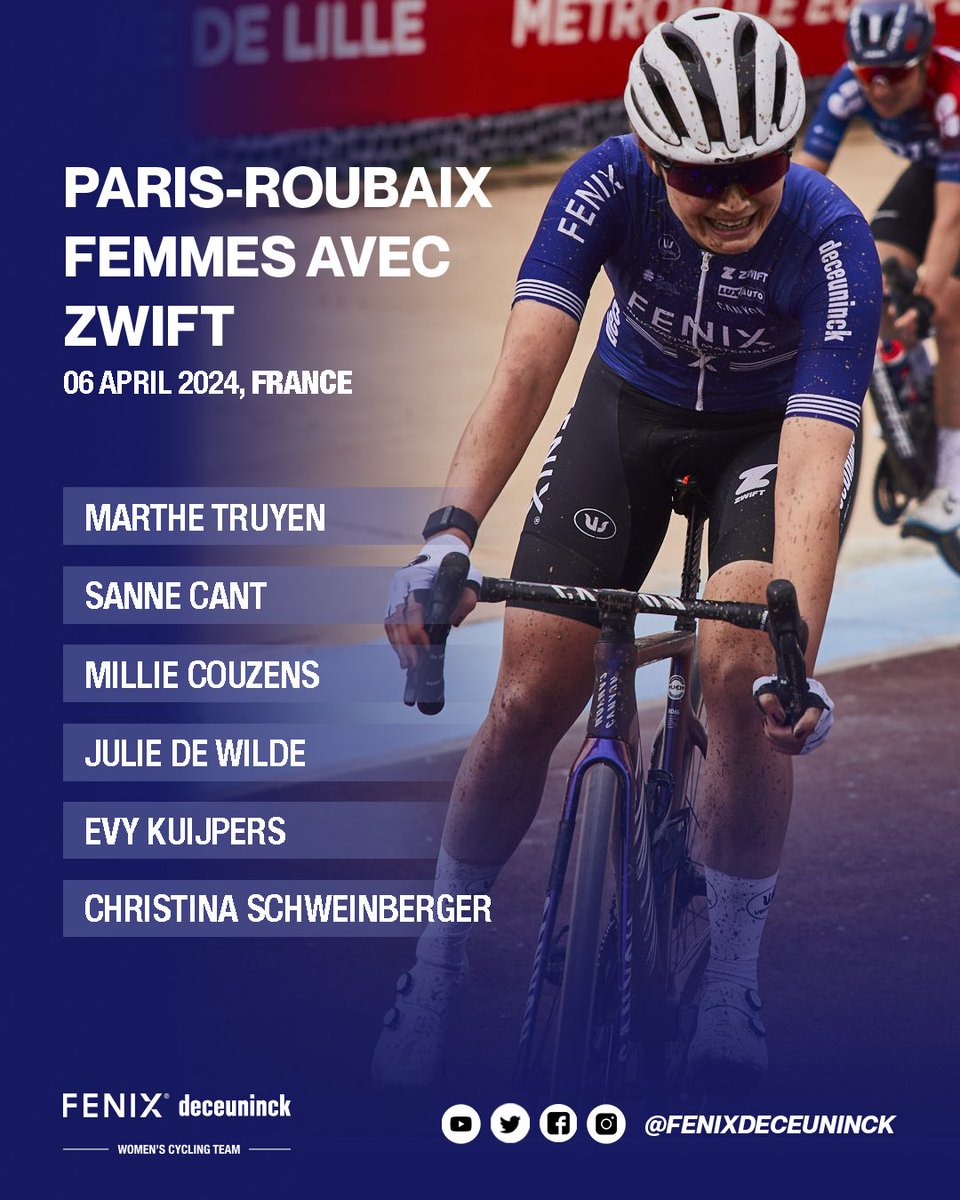 🪨 L'Enfer du Nord 🔥

In the last edition of <a href="/RoubaixFemmes/">Paris-Roubaix Femmes avec Zwift</a> we grabbed a great podium spot with <a href="/marthe_truyen/">Marthe Truyen</a>. This year we start again with ambition

Marthe, Sanne, Millie, Julie, Evy &amp; Christina. We have no doubt you will proudly defend our colors again! 🤘

#fenixdeceuninck