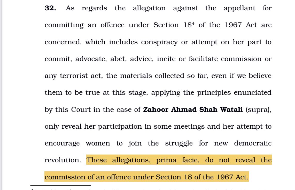 #BREAKING #SupremeCourt observes that there are no reasonable grounds to believe that accusations against Shoma Sen in the #BhimaKoregaon case are “prima facie true”.

SC says : 

Allegations do not reveal commission of UAPA offences restricting bail.

No prima facie evidence of