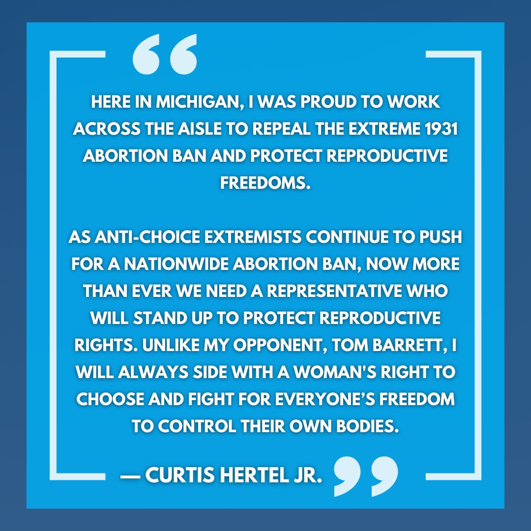 Hertel4Congress's tweet photo. On the one-year anniversary of repealing Michigan’s archaic 1931 abortion ban, Curtis Hertel releases the following statement; vowing to protect reproductive freedom at the national level: https://t.co/Xt37d6TfVV