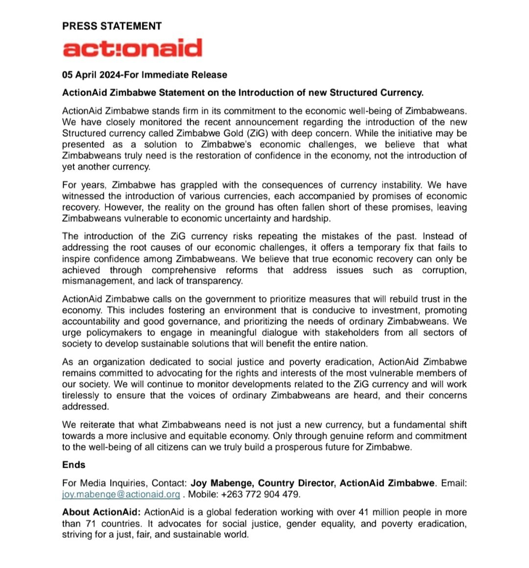 ActionAid Zimbabwe statement on the introduction of new structured currency.
