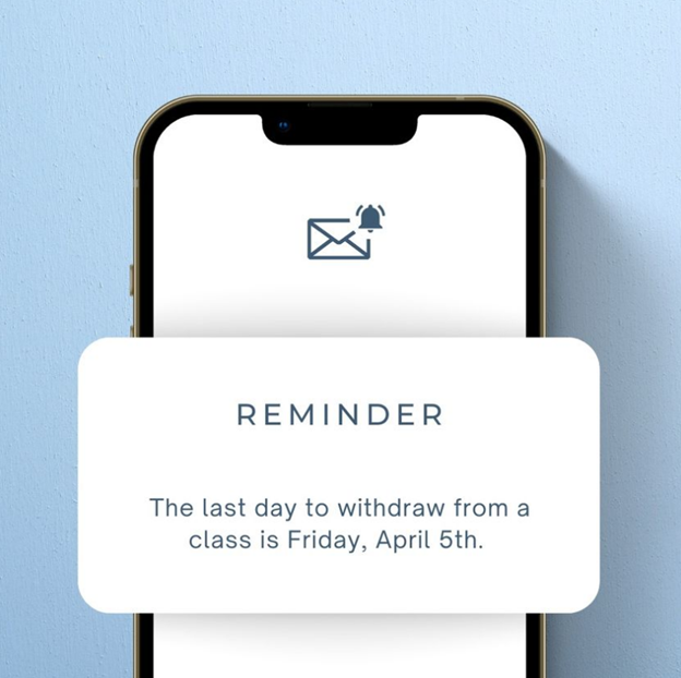 Reminder- the last day to withdraw from a class without academic penalty is today Friday, April 5th. Please contact your professor(s) and your advisor if you have any questions or concerns. Drop in hours are available from 2-4pm in Undergraduate Advising!