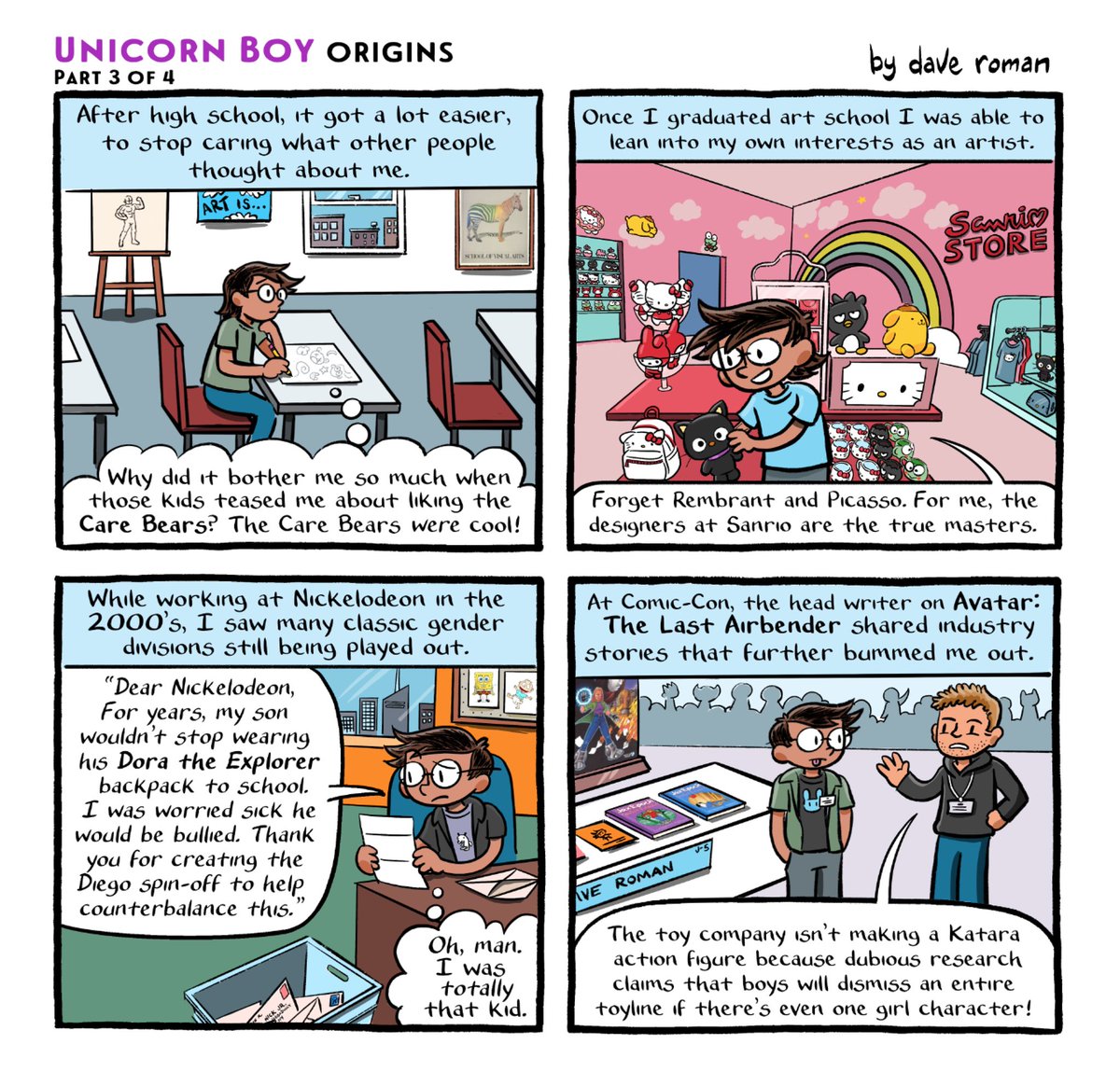 Part 3 in a series of “behind the comic” anecdotes that I drew in response to queries about my latest book, Unicorn Boy. Adventures in the 2000s when I fully leaned into my passion for “cute art” and got to see how the cartoon sausages are made while working at Nickelodeon.