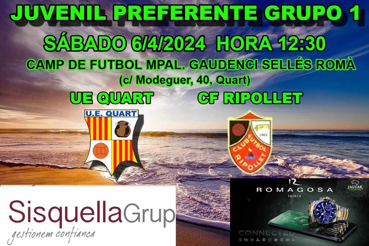 📰 JUVENIL A. 🏆 Juvenil Preferente Grupo 1 🆚 @uequart 🏟️ MPAL DE QUART (Girona) 📆 6/4/24 ⏰ 1️⃣ 2️⃣ :3️⃣ 0️⃣ h.