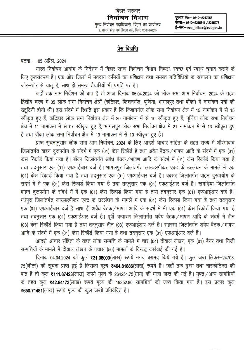 प्रेस विज्ञप्ति पटना 05अप्रैल, 2024 #लोकसभा_आम_निर्वाचन_2024 #BiharHomeDept #GeneralElection2024 #ChunavKaParv #DeshKaGarv #ECI #goouttovote #ivoteforsure @CEOBihar @bihar_police