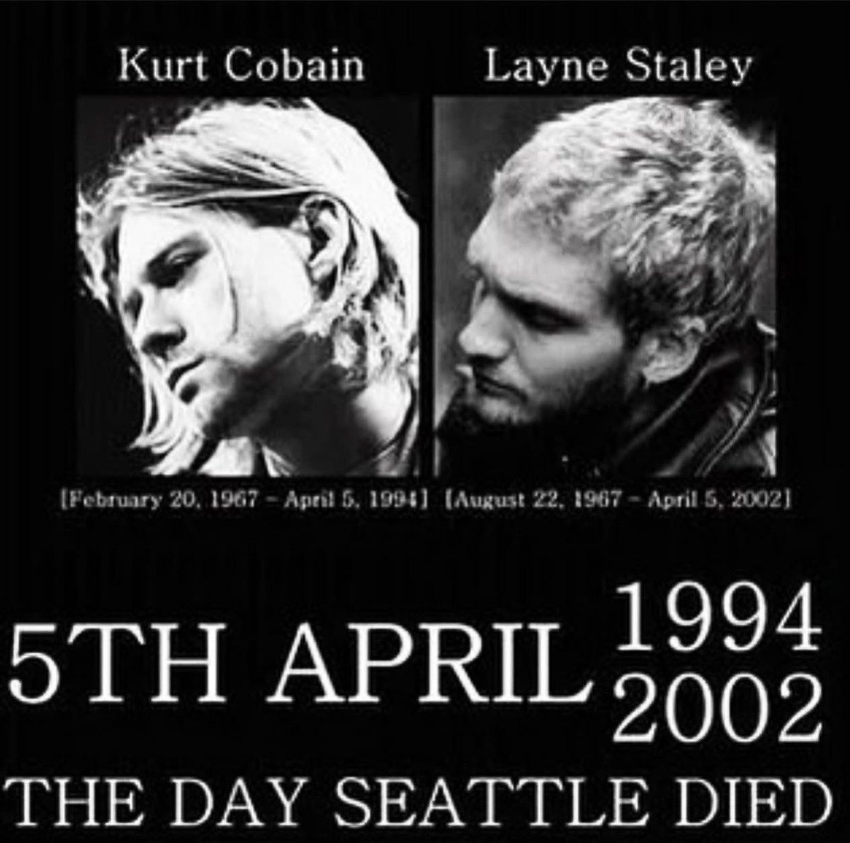 🗓️ April 5th… a date that will live in Grunge infamy as “The Day Seattle Died. Today we honor and remember #KurtCobain (1967-1994) and #LayneStaley (1967-2002) 🕊❤️

Listen to some #Nirvana & #AliceInChains today

#nirvanaunplugged #aicunplugged #mtvunplugged #thisisjustatribute