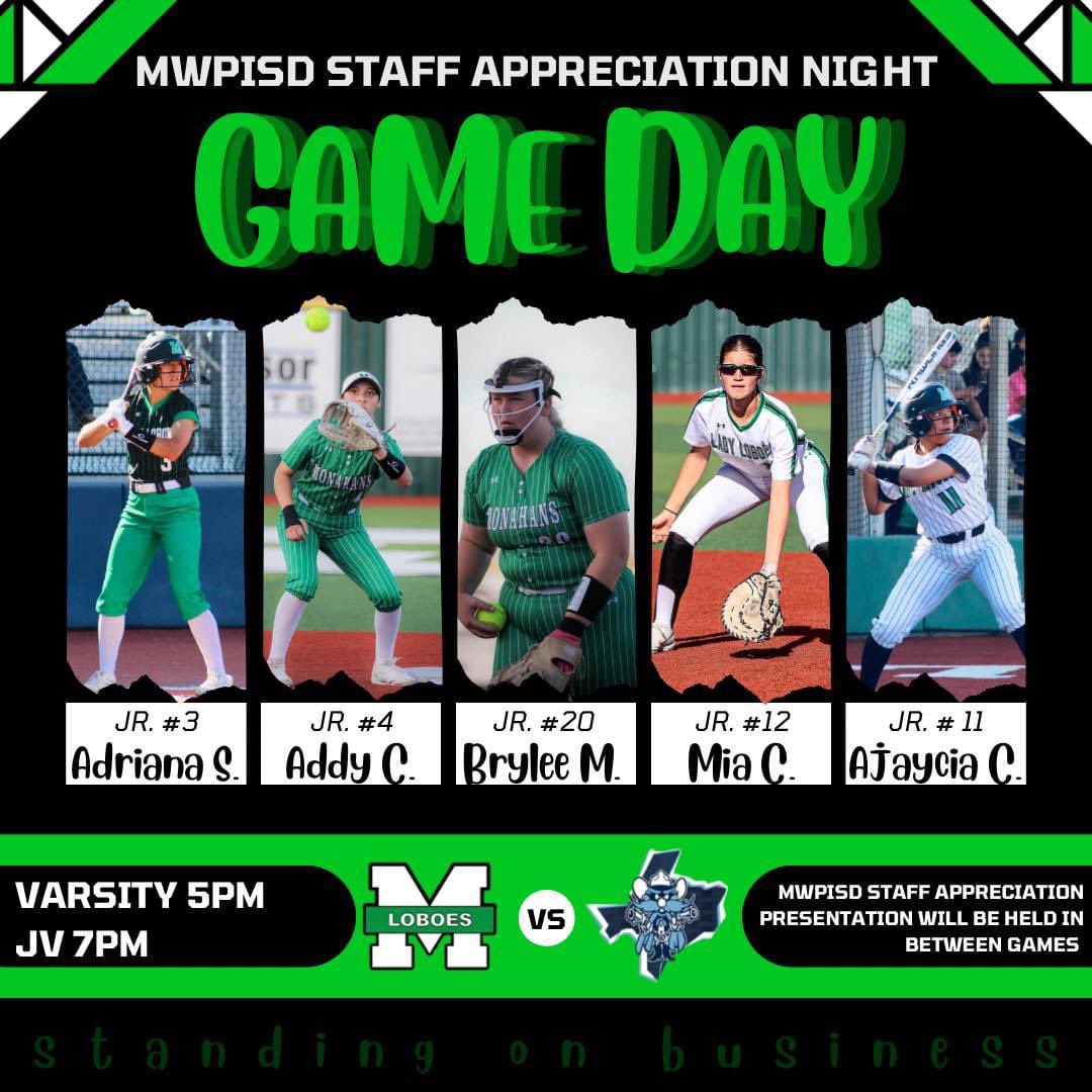 🟢GAME DAY IN LOBOLAND 🟢
 It is also our Staff appreciation night! Come and be loud for your Lady Loboes 🐾