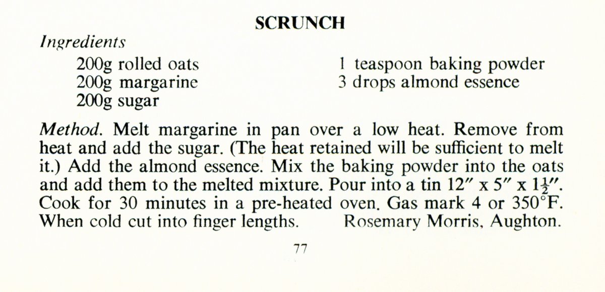 Scrunch! A bit like flapjack, but crunchy and oily. Emily baked this using the 1976 Centenary Recipe Book from F L Calder College. To access all our historic recipe books to bake your own archival cakes, visit: ljmuarchives.wordpress.com/2023/10/13/bic… #ArchiveFoodandDrink #Archive30 @ARAScot