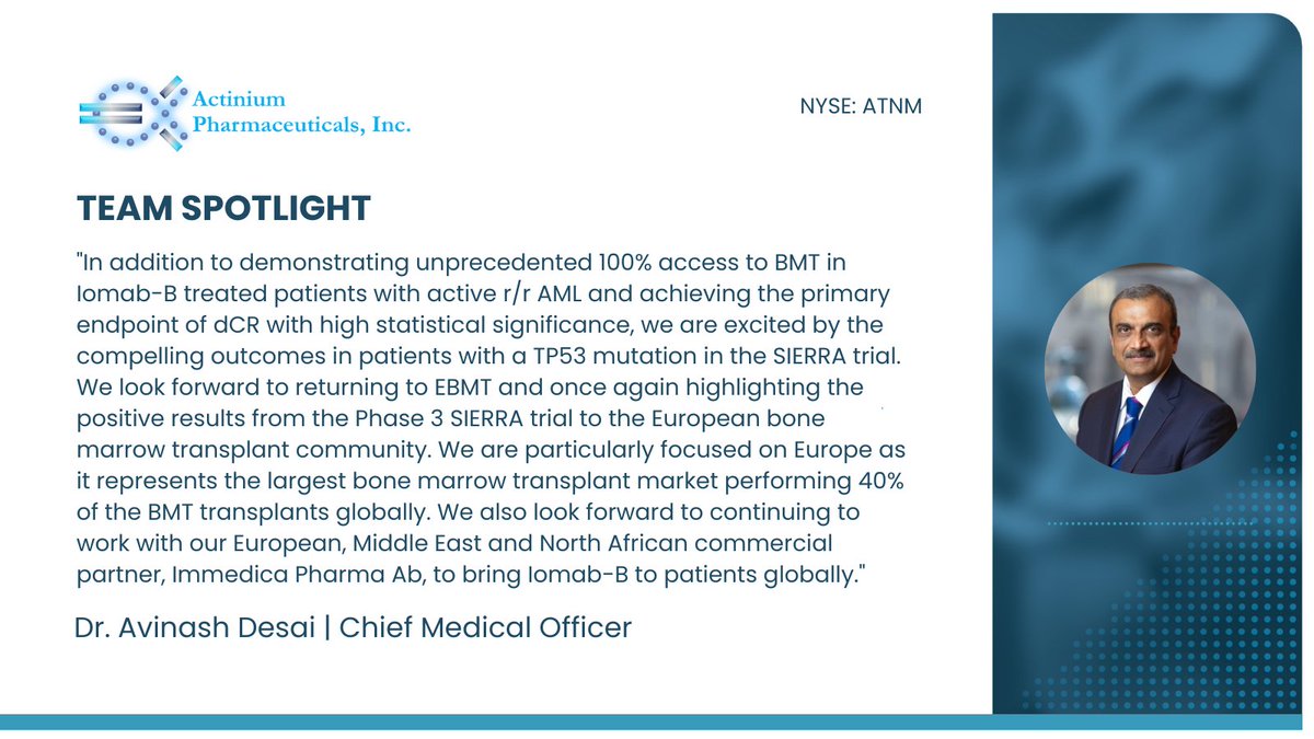 'In addition to demonstrating unprecedented 100% access to #BMT in Iomab-B treated patients with active r/r #AML, we are excited by the compelling outcomes in patients with a TP53 mutation in the SIERRA trial.” More details: bit.ly/3IYAjfh $ATNM #EBMT24 #Radiotherapy