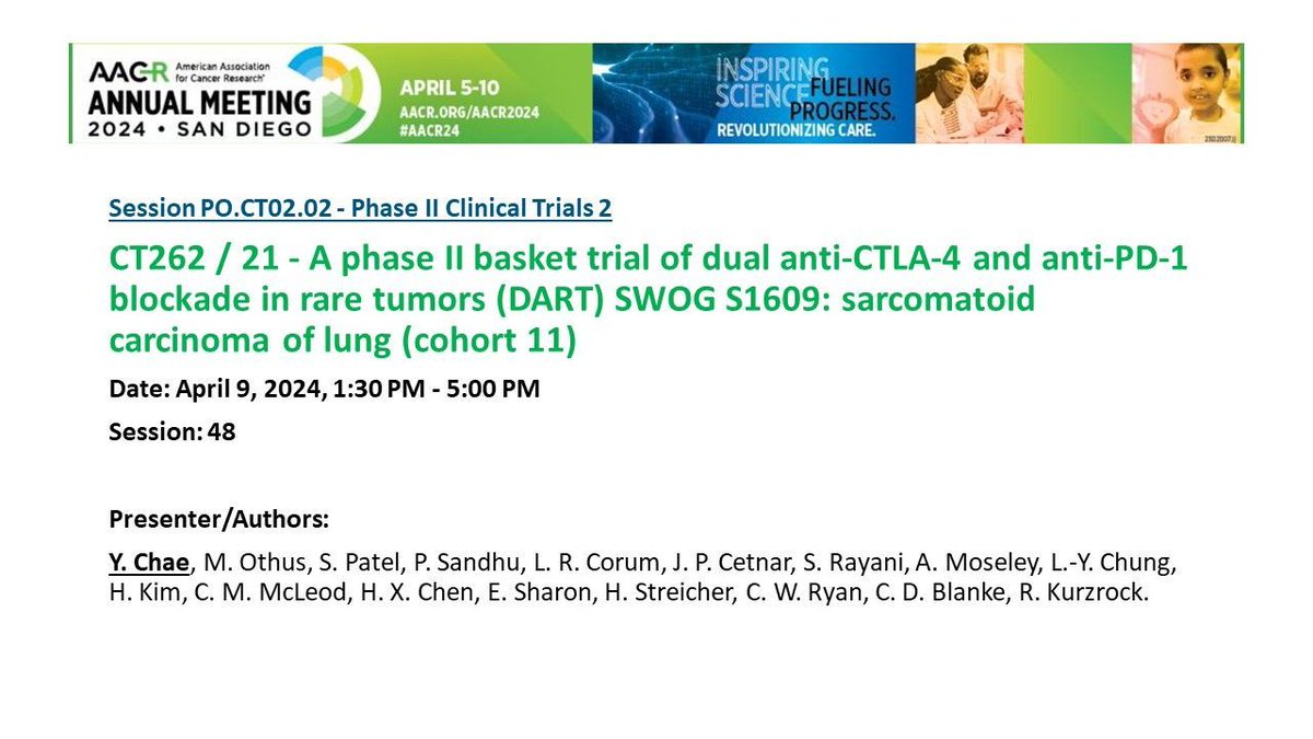 Check out different cohort results from the following #AACR24 poster presentations, based on #NCICTEP @SWOG #clinicaltrial S1609 (DART), @AACR annual meeting on April 9, 2024, 1:30 PM - 5:00 PM. More: buff.ly/3UdwFER