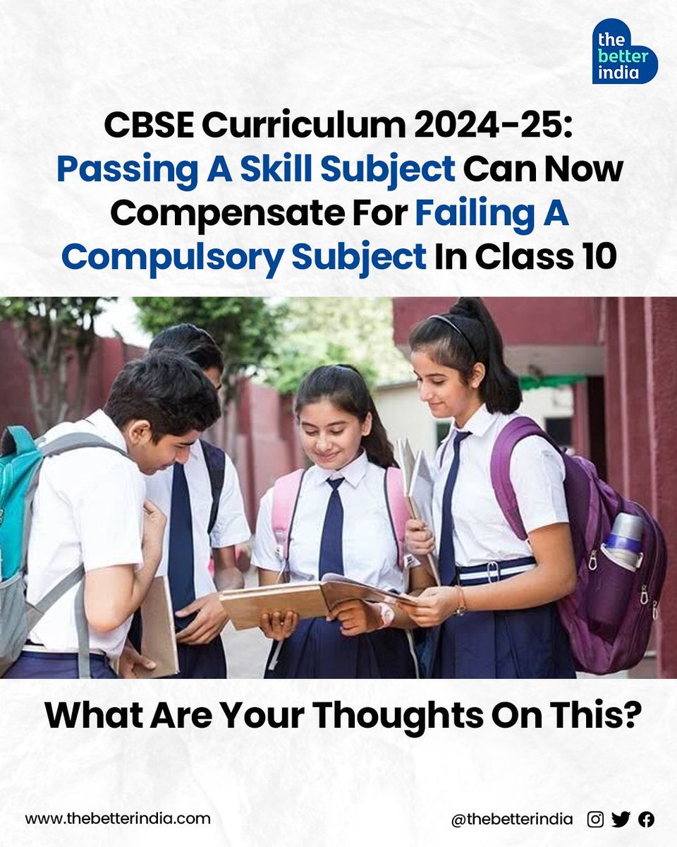 thebetterindia's tweet image. Should failing a core subject be compensated by a skill subject? 

What do you think about this new initiative from the CBSE? Tell us in the comments below.

#CBSE #NewCurriculum #SkillBasedLearning #EducationReform #India

[CBSE Class 10 curriculum change]