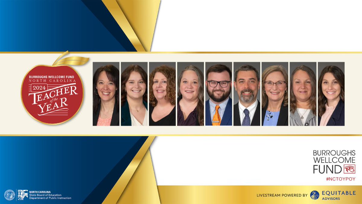 Today's the day!!! Join us at noon to learn who will become the 2024 @BWFund NC Teacher of the Year!! Watch the livestream on Facebook (facebook.com/NCPublicSchool…) & YouTube (youtube.com/ncpublicschools) with support from @EquitableFin & @MyPBSNC. #NCTOYPOY