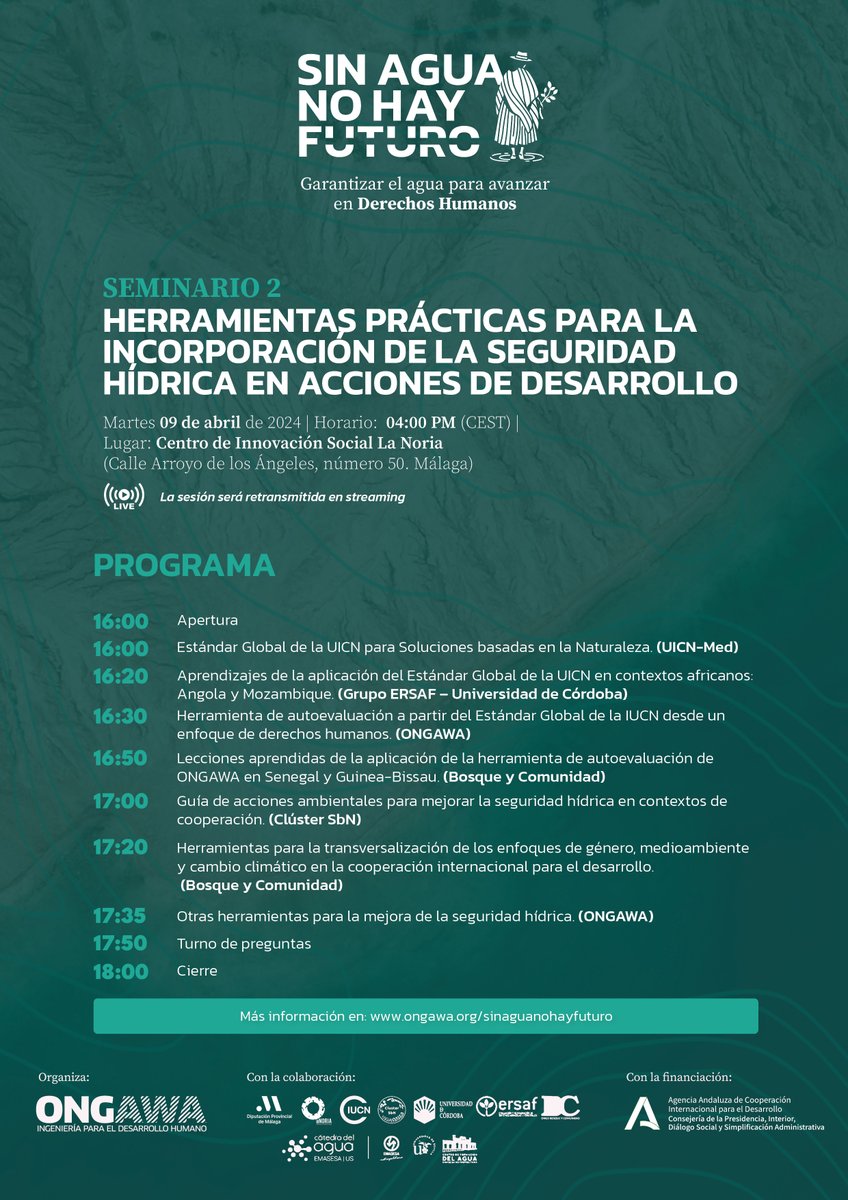 🗓️¡No te olvides! Mañana martes a las 4 pm (CEST) es el seminario de herramientas prácticas para la incorporación de la #seguridadhidrica en acciones de desarrollo, gracias al apoyo de @CooperacionAND. Participa👩‍💻vía #streaming👨‍💻 o ven a @lanoria_mlg🎯 👉lc.cx/B5Ma-L