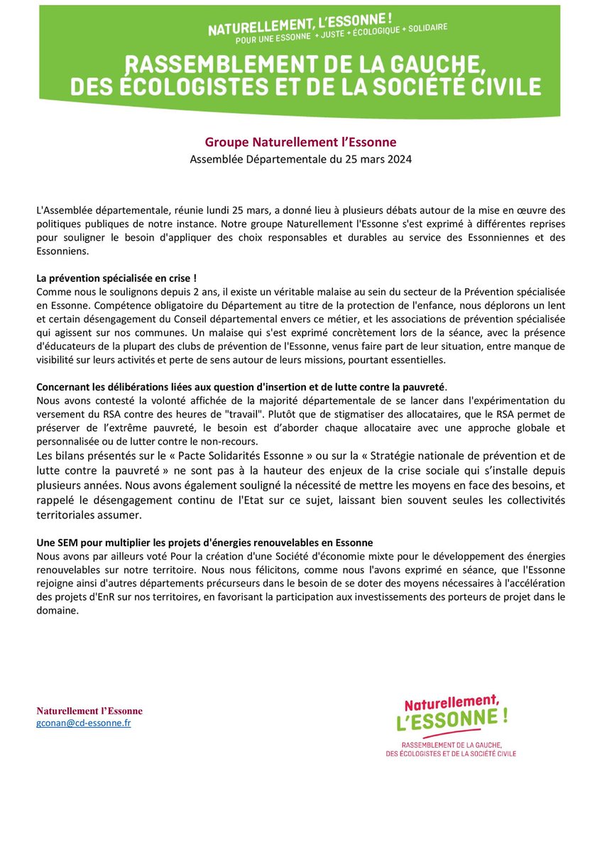 Assemblée du 25 mars : Prévention spécialisée, Insertion et lutte contre la pauvreté, Energies renouvelables, étaient notamment à l'ordre du jour de la séance 📂 Retrouvez le communiqué du groupe @Naturellement91 ⤵️