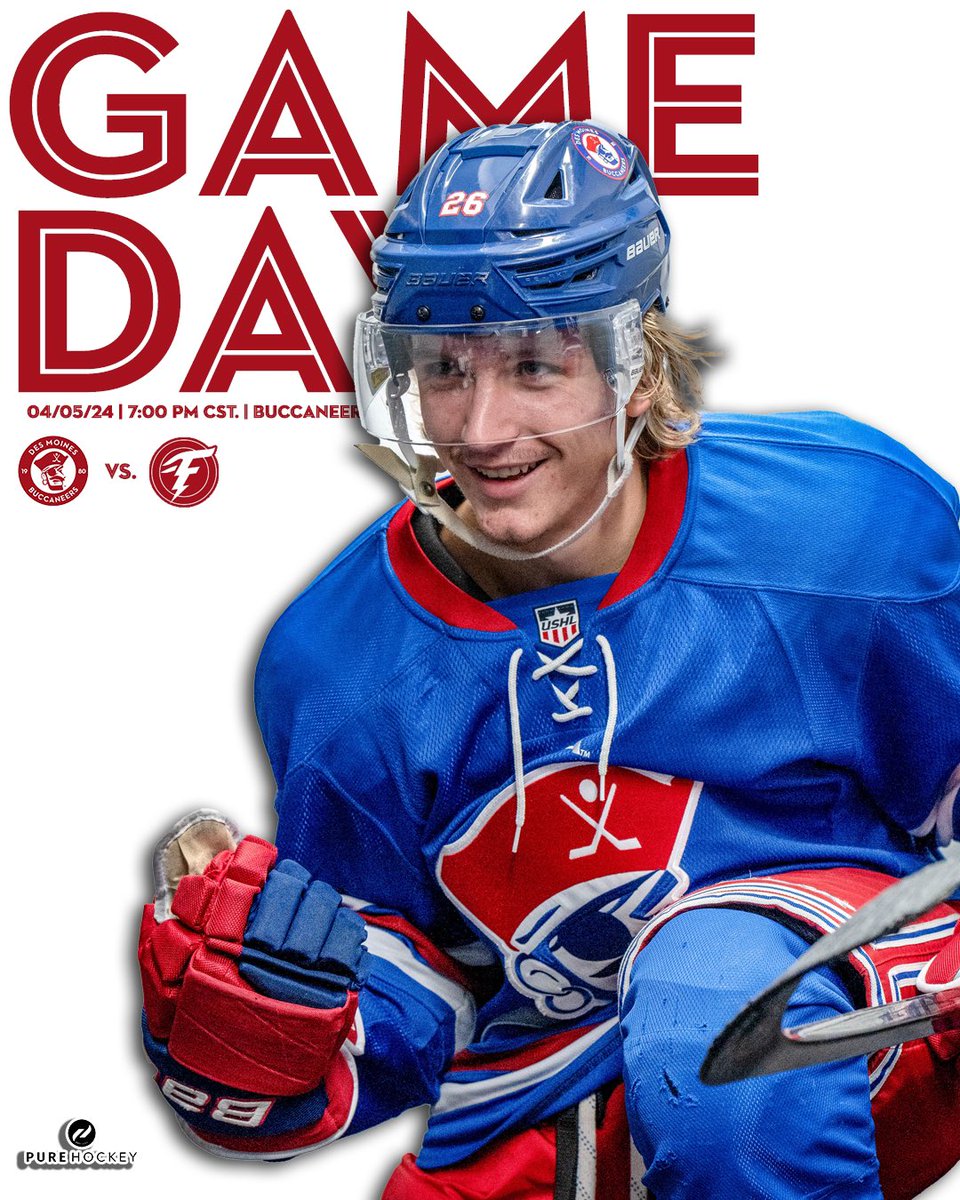 GAME DAY! 🏴‍☠️ 🏒 Des Moines Buccaneers 🆚 Fargo Force 🕖 7:00 p.m. CT 📍 Buccaneer Arena // Urbandale, IA 📺 Watch FloHockey ($) flohockey.tv/teams/7940566-… #gethooked