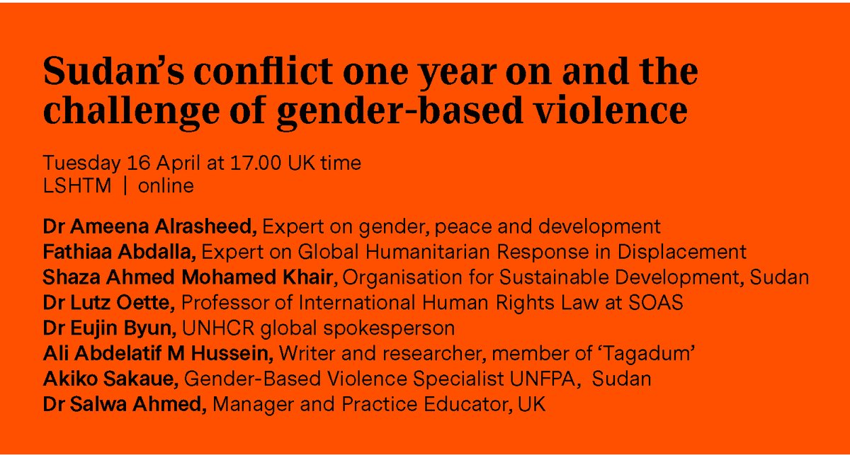 Join us for a seminar focusing on #GBV in #Sudan, one year after the eruption of the conflict. A platform for expressions of solidarity & discussion of actionable ideas to support responses on the ground. 📅 16 April ⏲️ 5 pm UK time 📍LSHTM | online 🔗 bit.ly/4cI1qc1