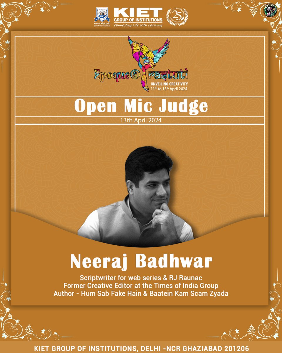 Kiet_edu's tweet image. Our esteemed judges, Neeraj Badhwar and Ranjeeta Sahay Ashesh, are set to discover poetic brilliance at our #Open_Mic soirée!

#EpoqueAtPrastuti2024 #Judges #kiet_group_of_institutions #KIETGZB #KIET #OpenMic #RanjeetaSahayAshesh #CofounderSushmad #NeerajBadhwar #ScriptWriter