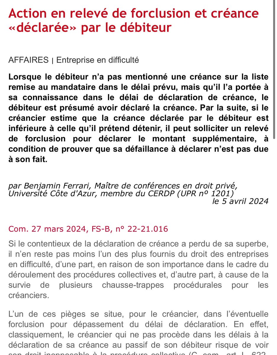 Retrouvez mes observations au <a href="/Dalloz/">Editions Dalloz</a> actu du jour à propos d’un arrêt alliant les thématiques du relevé de forclusion et de la présomption de déclaration de créance par le débiteur pour le compte du créancier ⬇️ <a href="/cerdp1201/">CERDP</a> <a href="/DroitScPoNice/">DroitSciencePoNice</a>