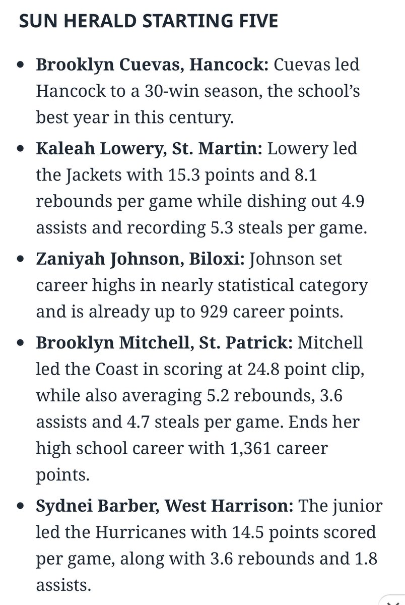 Grateful and honored to be named as a starter on the Sun All-South Mississippi Girls Basketball Team for the 2023-24 season! Huge thanks to everyone who has supported me along the way.🏀 #AllSouth #GirlsBasketball #Grateful"