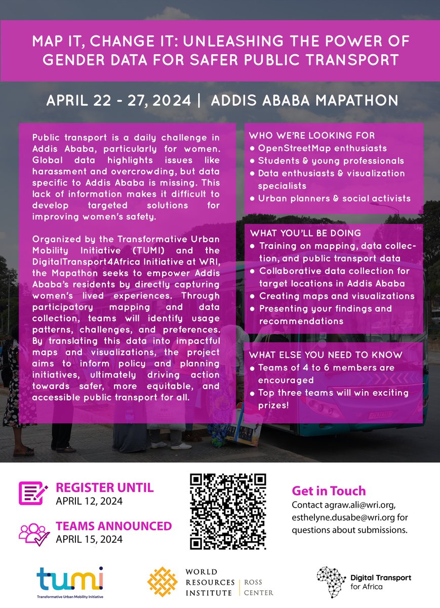 🔔 NEW DEADLINE - APRIL 12TH! Want to help make public transport safer for women in Addis Ababa? Join our #Mapathon this April 22-27! 📝 Sign up: forms.office.com/r/3NQEDwHT3q #EmpoweringWomen #AddisAbaba