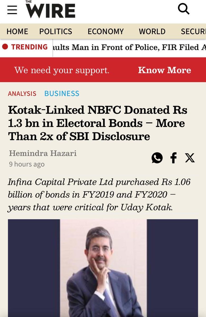 This is a brazen case of a quid pro quo and regulatory collapse. Kotak linked company donates twice the amount of what SBI disclosed in Electoral Bonds. Clearly, these were acquired from the secondary market in the 15-day time period seeking greater anonymity. Mega loot by the…