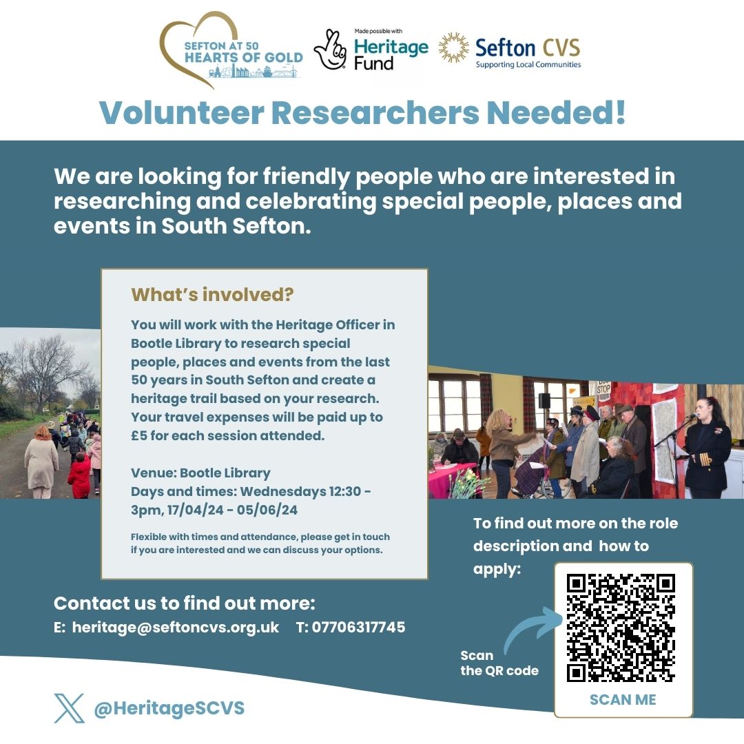 Sefton CVS (@seftoncvs) on Twitter photo Our <a href="/HeritageSCVS/">Hearts of Gold - Sefton at 50</a> project is looking for volunteer researchers to help us find out more about the rich history and amazing people, places and events of the last 50 years in South Sefton!
For more information visit: seftoncvs.org.uk/2024/03/20/vol…
#MySefton #Volunteering Our <a href="/HeritageSCVS/">Hearts of Gold - Sefton at 50</a> project is looking for volunteer researchers to help us find out more about the rich history and amazing people, places and events of the last 50 years in South Sefton!
For more information visit: seftoncvs.org.uk/2024/03/20/vol…
#MySefton #Volunteering