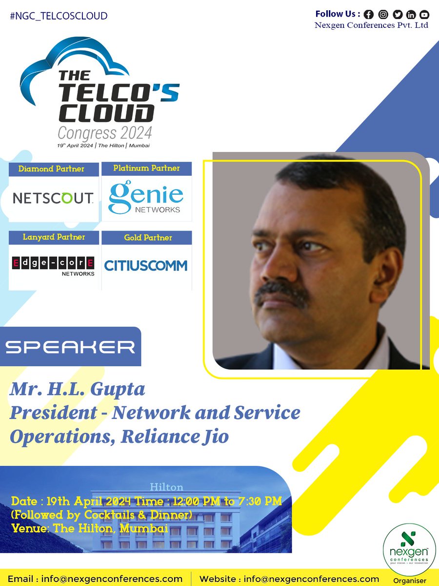 Honored to reveal our distinguished speaker for Telco's Cloud Congress 2024 Join us on #April19 @ Hilton Mumbai as HL Gupta l @reliancejio takes the stage to share invaluable insights into the future of telecommunications and cloud technology. #NGC_TELCOSCLOUD #CloudTechnology