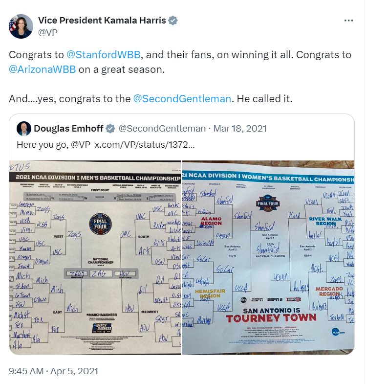 Here's Harris in 2021 (a year where women's college basketball supposedly wasn't "allowed to have brackets"), tweeting about ... her husband's women's bracket.