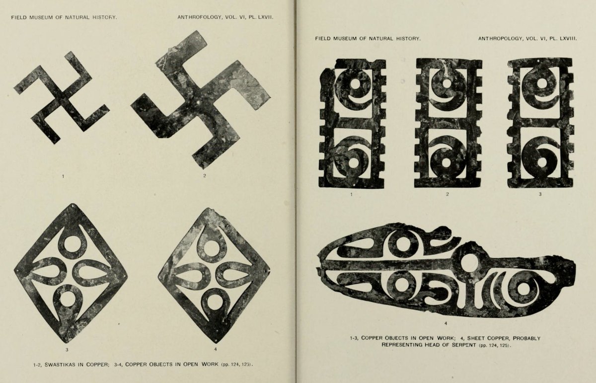 Sheet copper artifacts excavated from the original 'Hopewell Mound & Earthwork Complex' at Chillicothe, Ohio. From: Moorehead 1922.