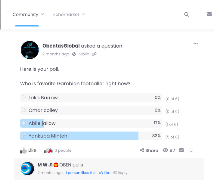 Feature Friday: Introducing Oben Polls - Your Gateway to Engaging Conversations! Express yourself, discover trends, and connect with our vibrant community. Browse, vote, share, create, and track your impact with Oben Polls. .
#YourThoughtsMatter #ObenConnect #ObentasGlobal