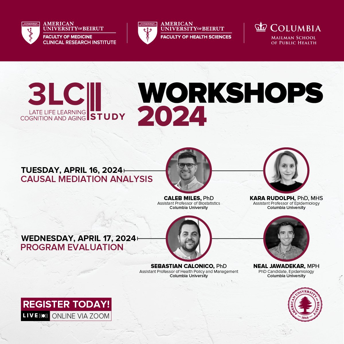 📢Register today for the opportunity to learn and expand your capacities for applying robust quantitative methods for evaluating programs and for diving deeper into causal mediation and analysis.
Know more👉 aub.edu.lb/fhs/Events/Pag…

#FHS #AUB #3LC #Workshop

<a href="/CalebMiles16/">Caleb Miles</a>
