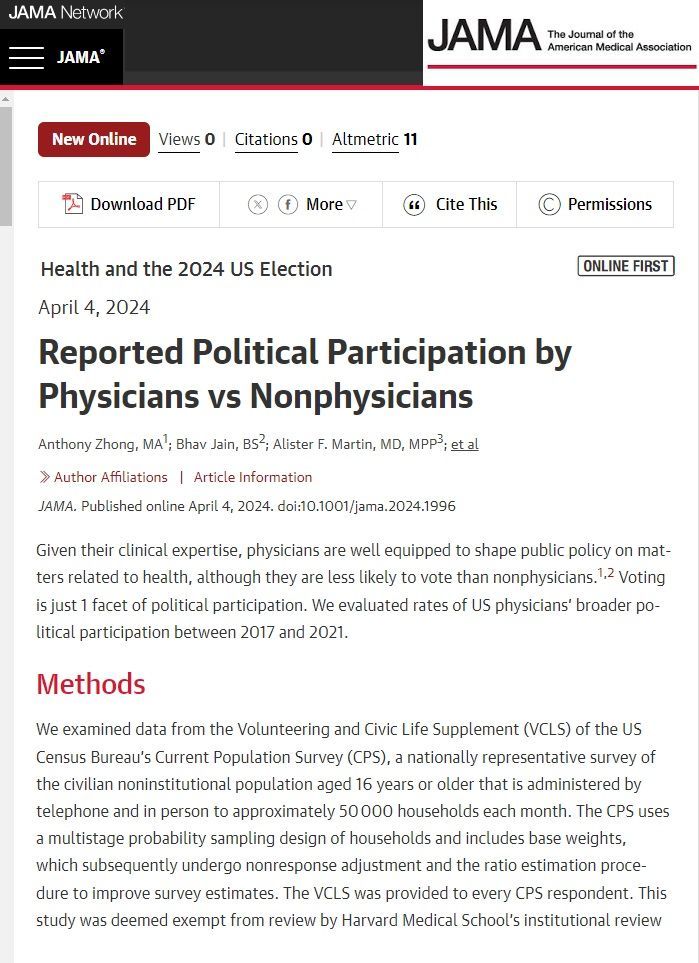 🔍 Our latest article in @JAMA_current explores physicians' political participation and its impact on health policy. Why aren't doctors more politically active? Surprising findings highlight a potential for greater involvement. Led by rising leaders @anthzhong @BhavJain_