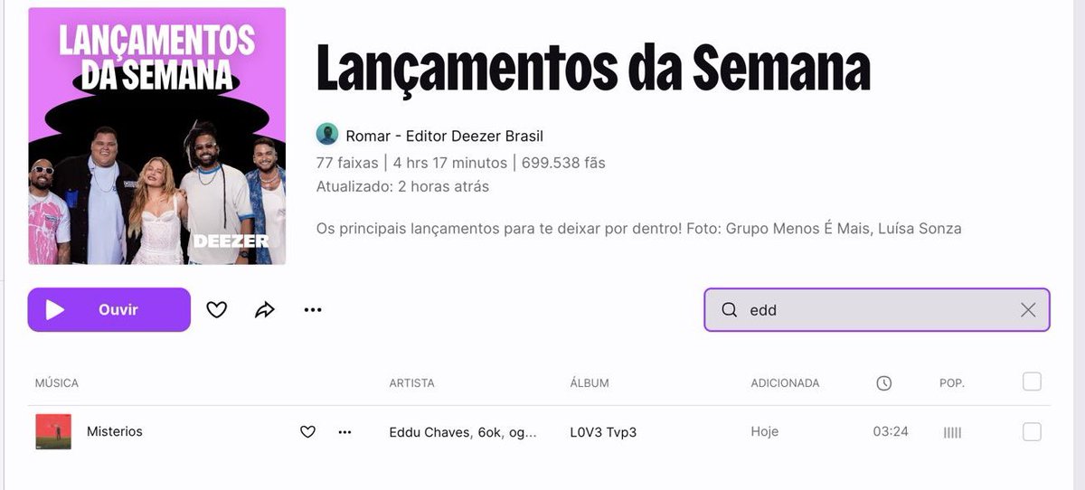 Edduchaves's tweet photo. Somos destaque em algumas playlists oficiais com a faixa Mistérios ft @ogoin_ &amp; @6okoficial com mixagem do @mixbytan 💞🦆⭐️

Deezer: Novidades da Semana e Radar Trap

Spotify: Flow Romance 

Ouça e compartilhe: https://t.co/5BsxTAKYFQ https://t.co/4S3fdZFppT
