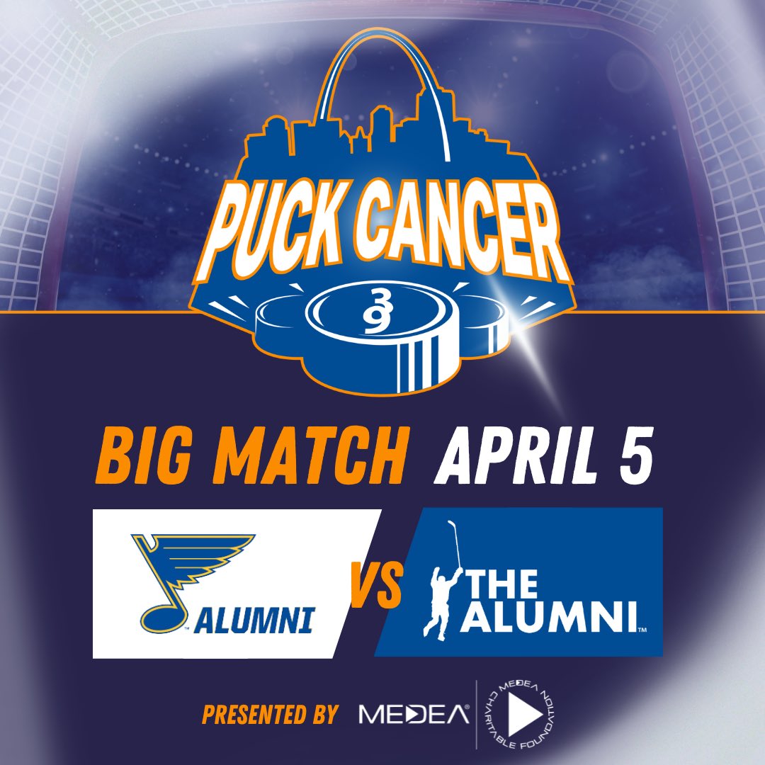 🏒 TONIGHT 🥅 IT’S HOCKEY NIGHT IN ST. LOUIS! We can’t wait to see you at the rink cheering on your favourite @bluesalumni and #NHLAlumni, all for the great cause of fighting cancer 💜 #PuckCancer | #HockeyFightsCancer